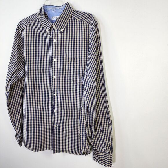 Nautica Mens Shirt Large Classic Fit Long Sleeve Button Up Pocket Blue Tan Check - Picture 4 of 10